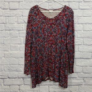 J. Jill Red Blue Long Sleeve V Neck Blouse Size Medium